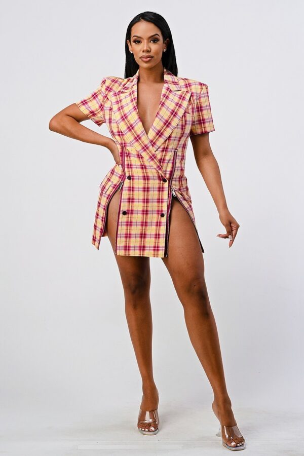 Wide Collared Double Breasted Plaid Blazer Mini Dress - Image 2
